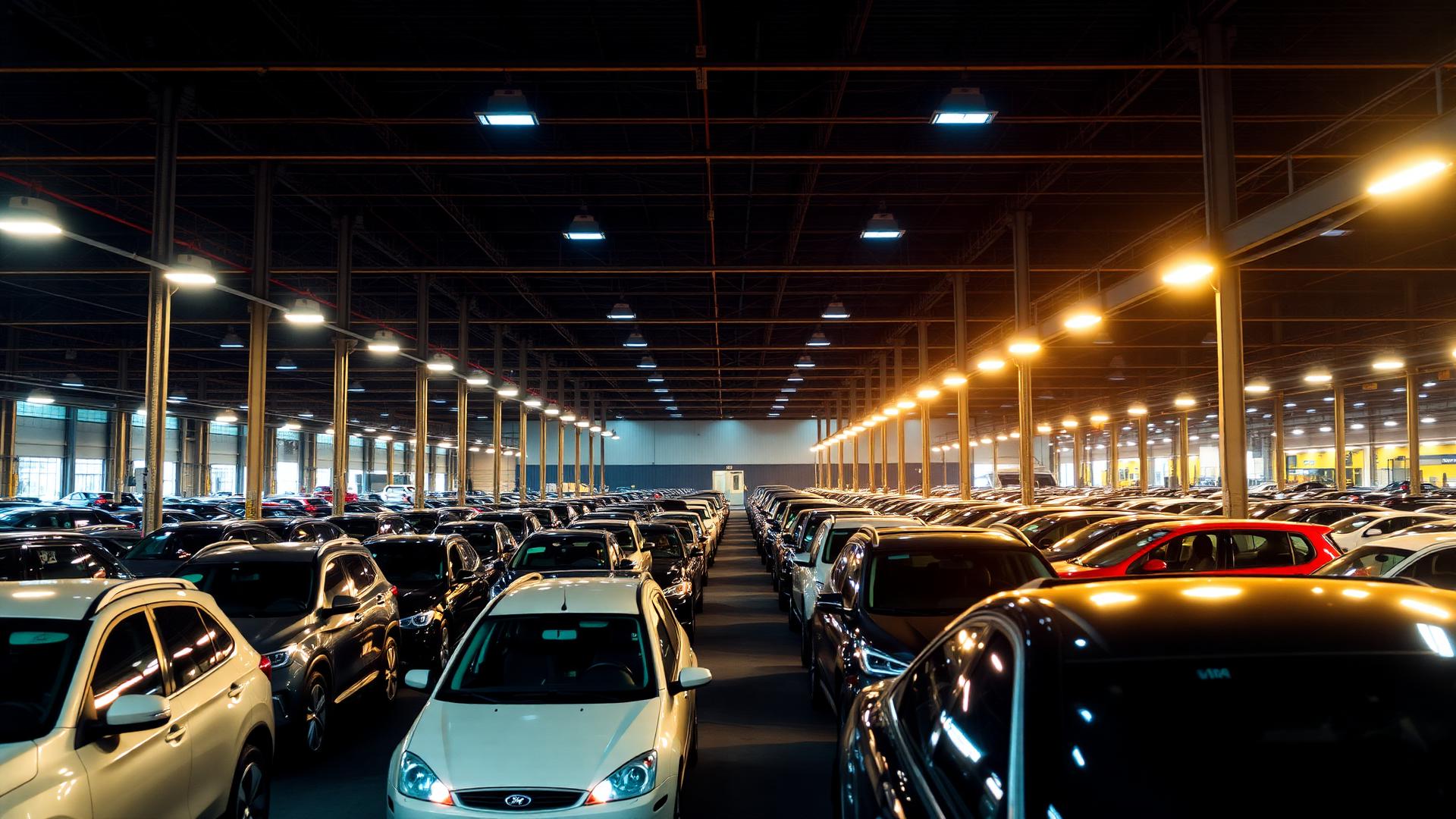 Rows of vehicles staged inside the Heartland Auto Auction lanes